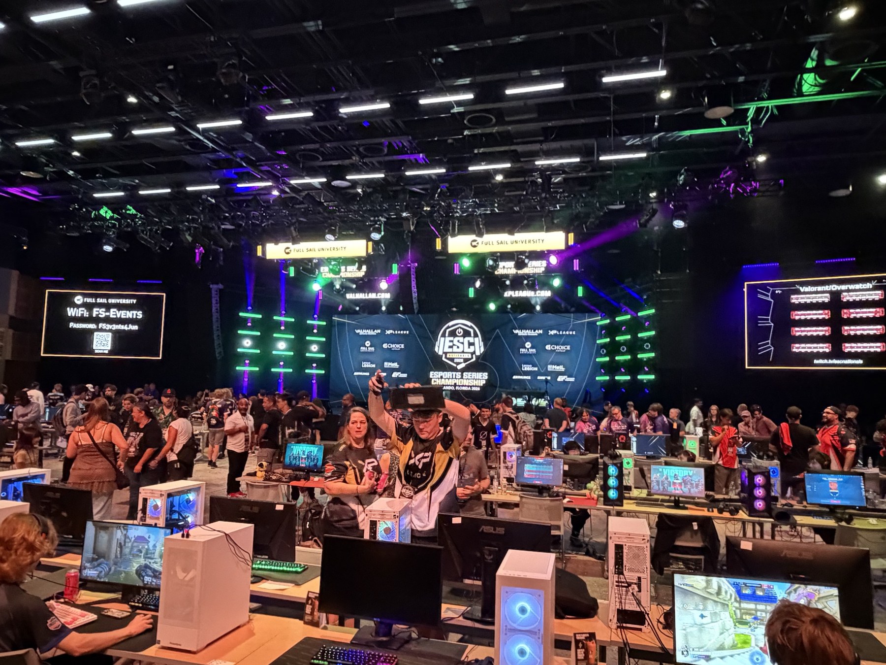 Large championship hall with LAN stations, stage and spectators